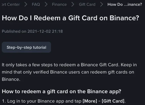 Top of the English Binance Help Center page How Do I Redeem a Gift Card on Binance?, stating that only verified Binance users can redeem gift cards and giving the first app step, [More] - [Gift Card]