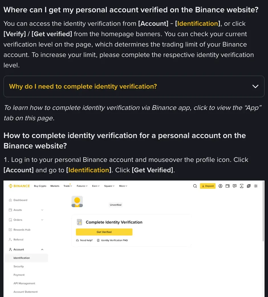 Binance Support page on verifying a personal account on the website: the entry is Account, then Identification, or the Verify / Get verified homepage banners; under step 1 the account dashboard example shows the profile marked Unverified and a yellow Get Verified button