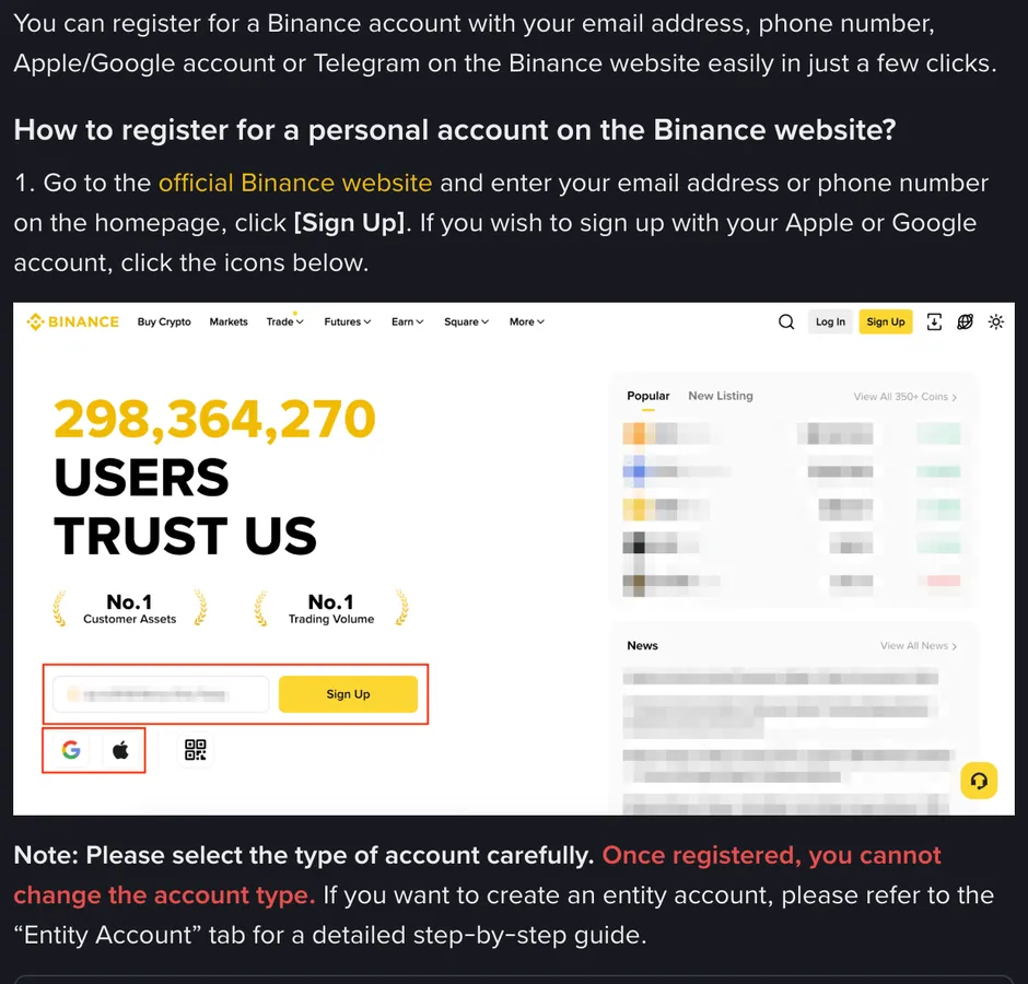 Binance Support sign-up page, step 1: enter an email or phone number on the homepage and click Sign Up, with red boxes around the input field, the Sign Up button and the Google and Apple icons
