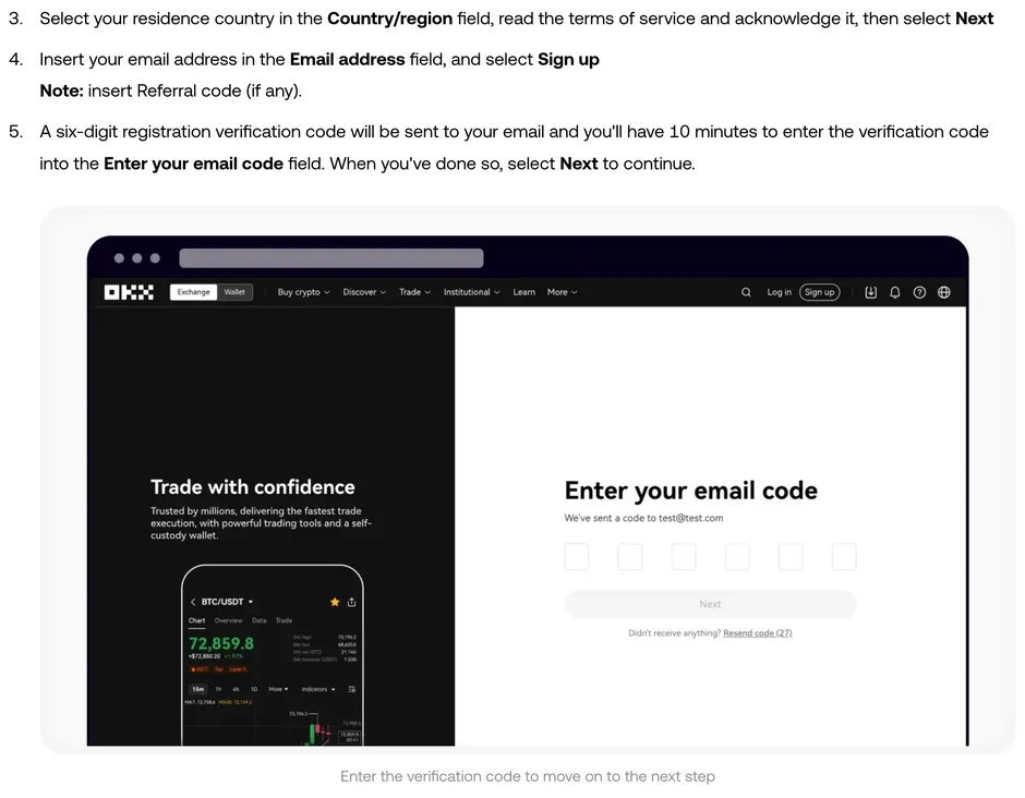 OKX Help Center desktop sign-up steps: choose your country or region, accept the terms, enter an email address, then type a six-digit code into the Enter your email code screen